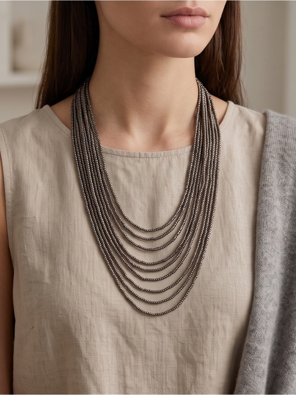 Multi-Strand Hematite Bead Necklace - Women's Jewelry